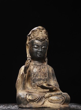 南海观世音菩萨佛像纯铜拓金仿古铜器家居佛堂供佛桌面装饰品摆件