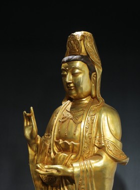 纯铜观音菩萨站像居家佛堂供养鎏金站莲花净瓶柳枝南海观世音菩萨