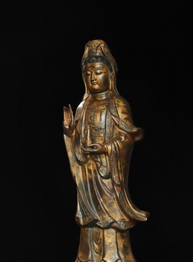 纯铜观音菩萨站像居家佛堂供养鎏金站莲花净瓶柳枝南海观世音菩萨