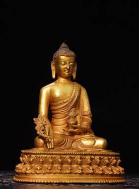 药师佛像藏传密宗纯黄铜器雕鎏金家居佛堂供奉装饰品复古桌面摆件