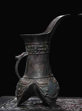 仿古纯黄铜器雕古玩收藏三足斝商周酒具酒博物馆装饰展览铜艺术品
