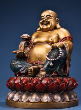 笑弥勒佛像大肚纯黄铜器彩绘家居佛堂供奉装饰工艺品桌面复古摆件