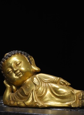 藏传密宗仿古纯铜器鎏金释迦摩尼睡佛像铜卧佛装饰工艺品收藏摆件