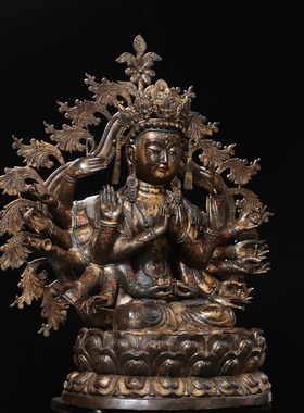 大号千手观音菩萨神像准提十八臂佛母纯黄铜泥金复古装饰工艺摆件