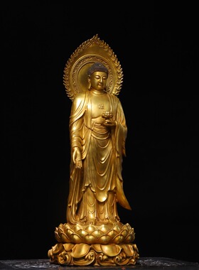阿弥陀佛站像仿古纯黄铜器释迦牟尼佛像家居客厅佛堂供佛装饰摆件