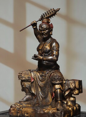 面然大士纯黄铜泥金鬼王菩萨护法佛像家居佛堂桌面装饰品复古摆件