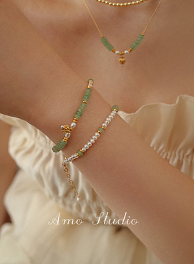 AMO天然珍珠玉石串珠手链女中式