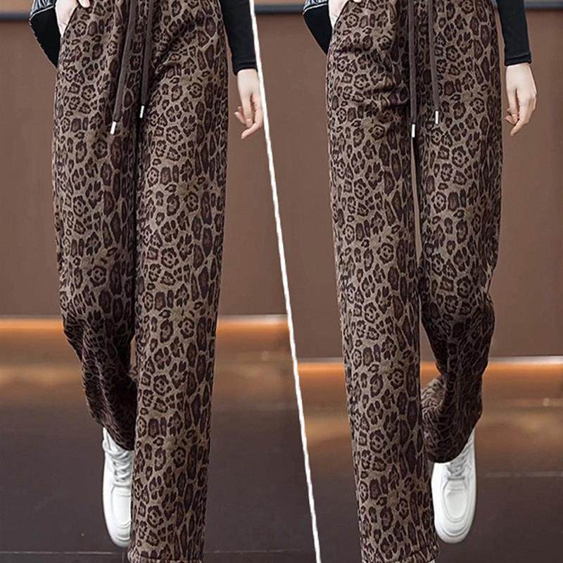 2025新款豹纹休闲卫裤阔腿女裤秋冬款加绒加厚抽绳松紧腰直筒裤子,淘宝优惠券,粉丝福利购,淘宝优惠卷