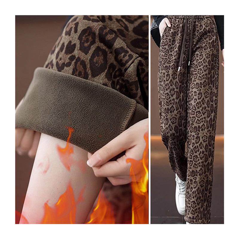 2025新款豹纹休闲卫裤阔腿女裤秋冬款加绒加厚抽绳松紧腰直筒裤子,淘宝优惠券,粉丝福利购,淘宝优惠卷