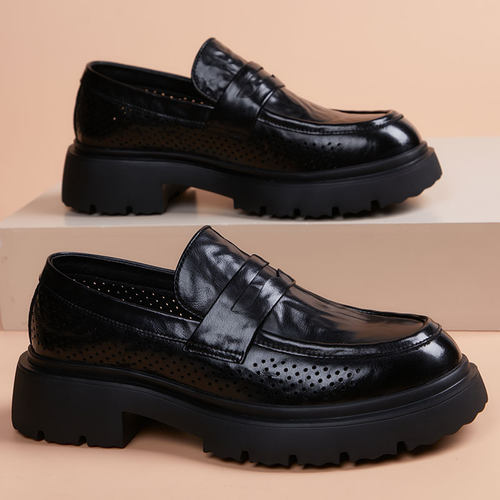 皮鞋男士夏季镂空透气防臭一脚蹬真皮百搭商务休闲时尚套脚乐福鞋 - 图0