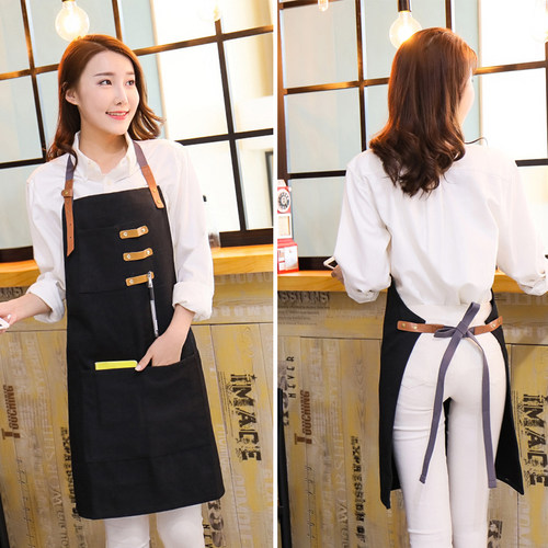 韩版帆布围裙定制印logo餐饮厨房烘焙奶茶咖啡蛋糕店时尚工作服女 - 图3