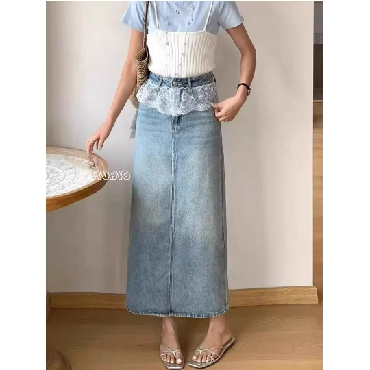 French style slim and versatile denim long skirt summer lace splicing retro washed distressed workwear A-line skirt