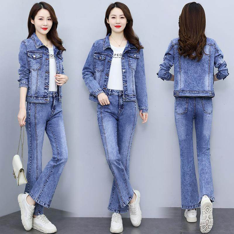 微喇叭牛仔套装女时尚新款洋气减龄2025春秋高腰牛仔裤两件套显瘦,淘宝优惠券,粉丝福利购,淘宝优惠卷