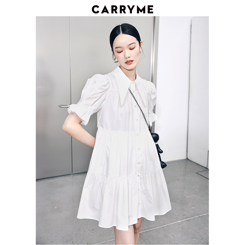 CARRY ME/嘉蜜2024夏季新款衬衫式白连衣裙高腰灯笼袖减龄兔子包 - 图0