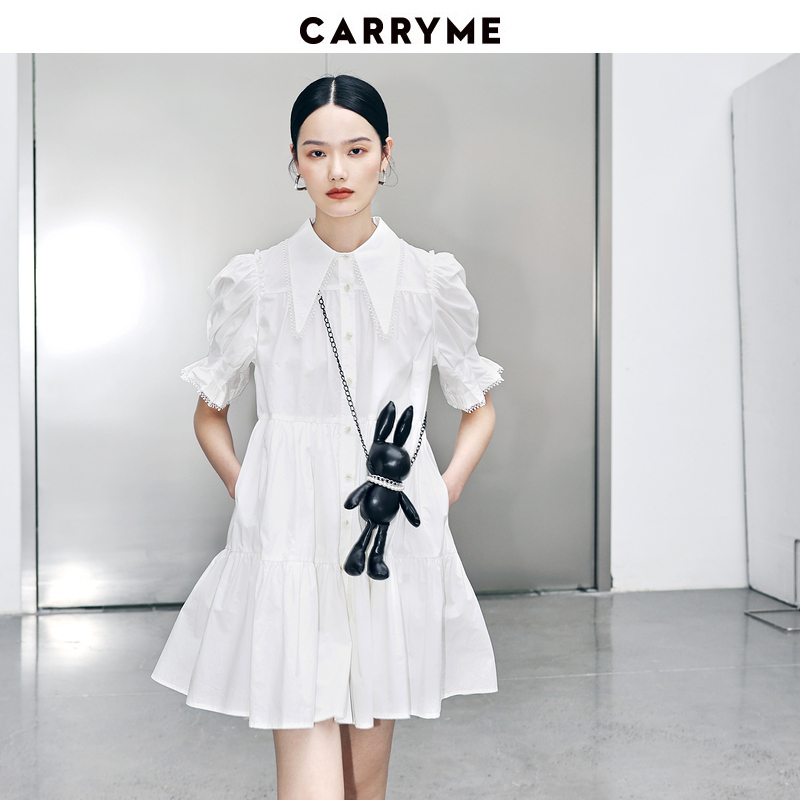 CARRY ME/嘉蜜衬衫式白连衣裙23夏新款时髦高腰灯笼袖减龄兔子包 - 图2