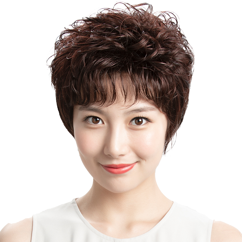 纳伊丝旗舰店假发女短发中老年圆脸中年妈妈短卷发全头套式真发套网红时尚自然0