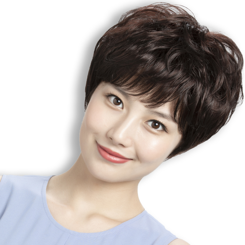 纳伊丝旗舰店假发女短发短卷发真发套中老年女士自然真人发丝妈妈时尚全头套式0