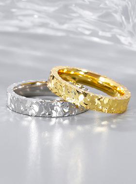 925银碎碎冰戒指韩版情侣满天星食指戒碎冰冰金戒子素圈锤纹指环