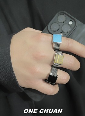 原创方形玛瑙戒指男生欧美小众设计松石钛钢食指环戒子女嘻哈百搭