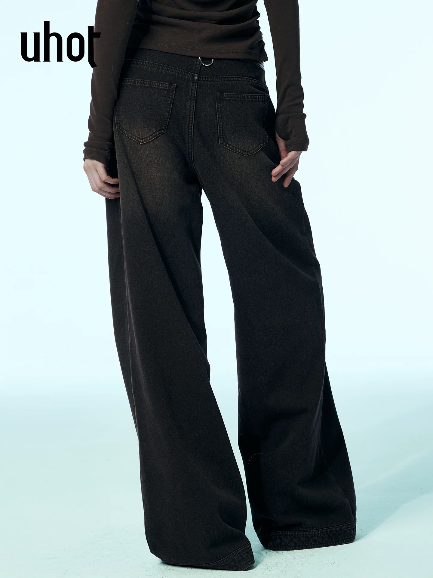 uhot/诱货咖色拼皮水洗阔腿牛仔裤休闲优雅大气复古新款UWWW3K344 - 图2