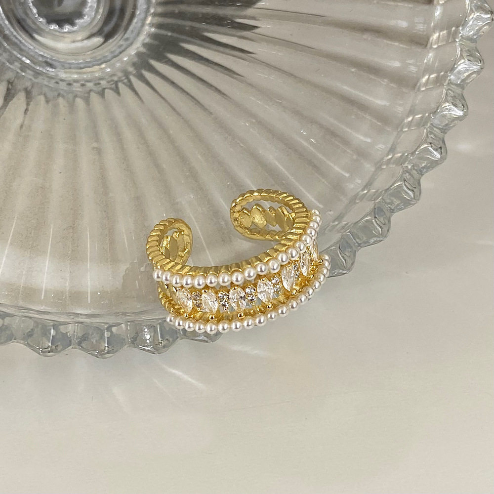 Light luxury pearl zircon open ring niche design fashionable personality simple temperament high-end index finger ring tail ring