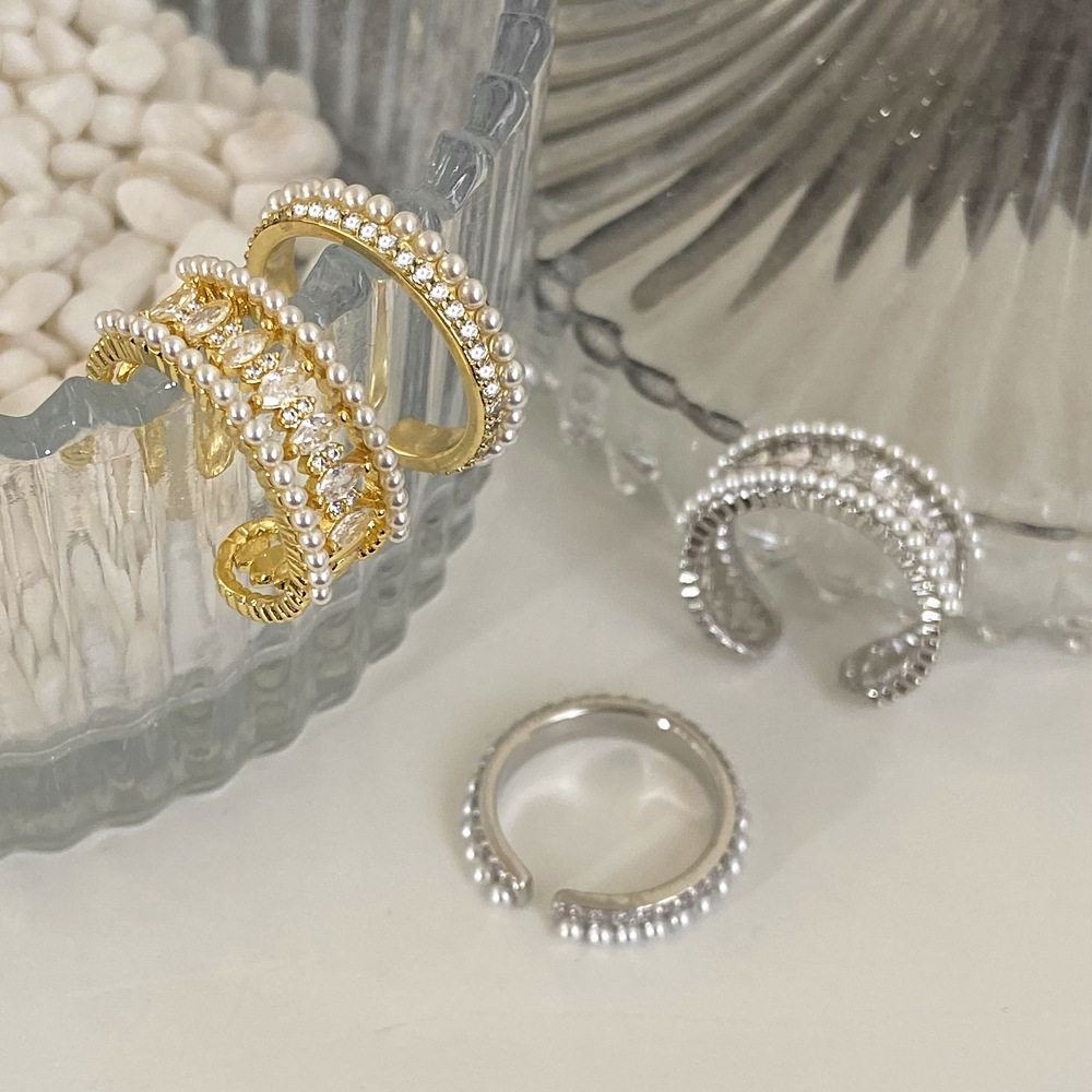 Light luxury pearl zircon open ring niche design fashionable personality simple temperament high-end index finger ring tail ring