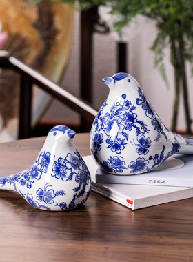 新中式青花瓷长尾鸟陶瓷鸟摆件吉祥鸟客厅书房玄关饰品装饰品摆件