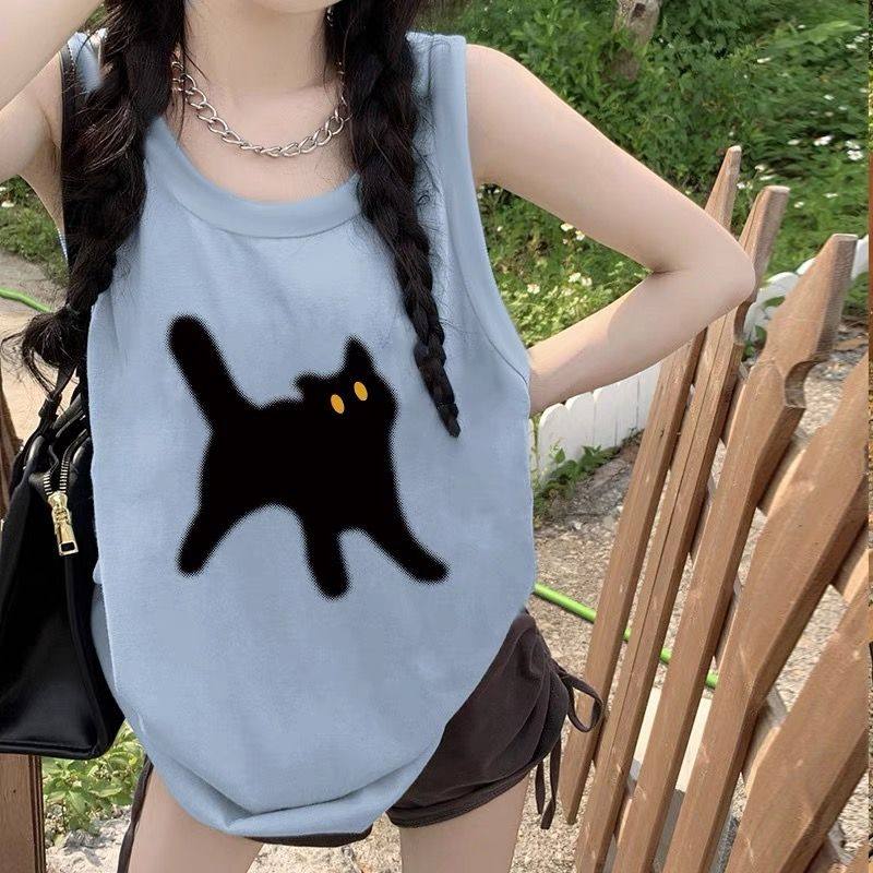 蓝色夏季欧货背心女内搭宽松外穿猫咪印花纯棉吊带大码无袖短t恤,淘宝优惠券,粉丝福利购,淘宝优惠卷