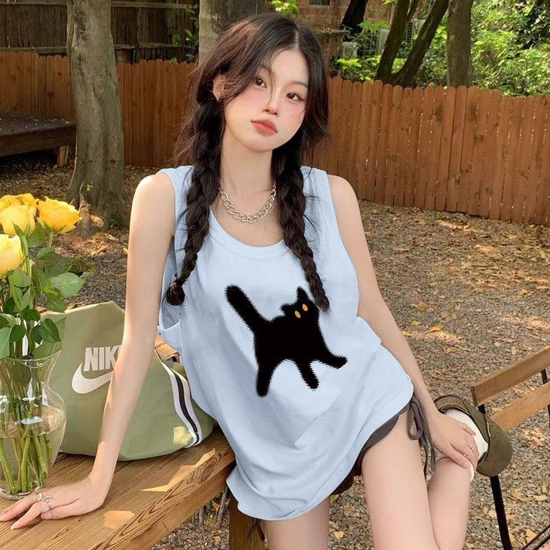 蓝色夏季欧货背心女内搭宽松外穿猫咪印花纯棉吊带大码无袖短t恤,淘宝优惠券,粉丝福利购,淘宝优惠卷
