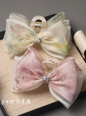 春夏超仙碎花网纱蝴蝶结发夹