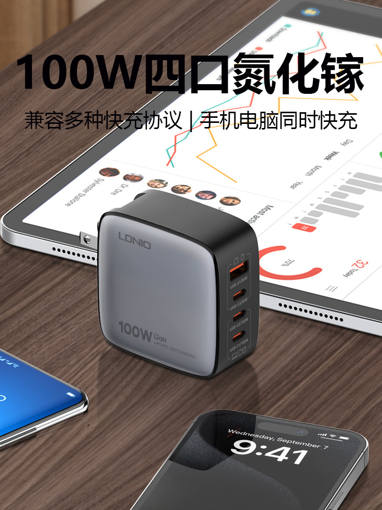 LDNIO 100W超级快充插头GaN充电器适用于Apple华为OPPO手机MacBook平板电脑多口PD充电线欧规英规港版Charger - 图0