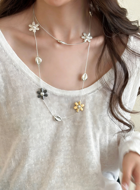少女CEO时髦金属花朵撞色拼接长款多用精致项链女小众设计毛衣链