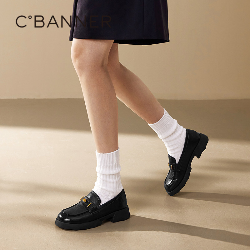 千百度厚底增高乐福鞋女款气质百搭新款手抓皮通勤一脚蹬深口单鞋