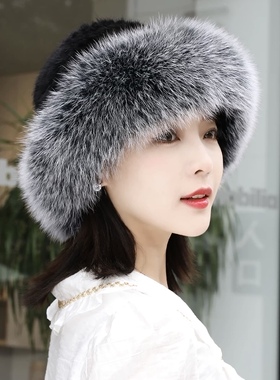 貂毛帽子女冬季保暖渔夫盆帽狐狸毛潮帽保暖护耳水貂帽
