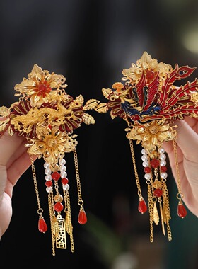 中式古典龙凤胸花金色流苏新郎新娘高档胸针一对高级感襟花婚礼