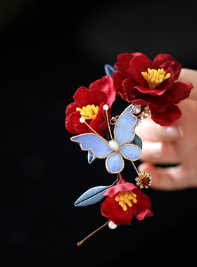 新中式红色花朵流苏发梳插梳女结婚晨袍配饰发夹侧边国风复古头饰
