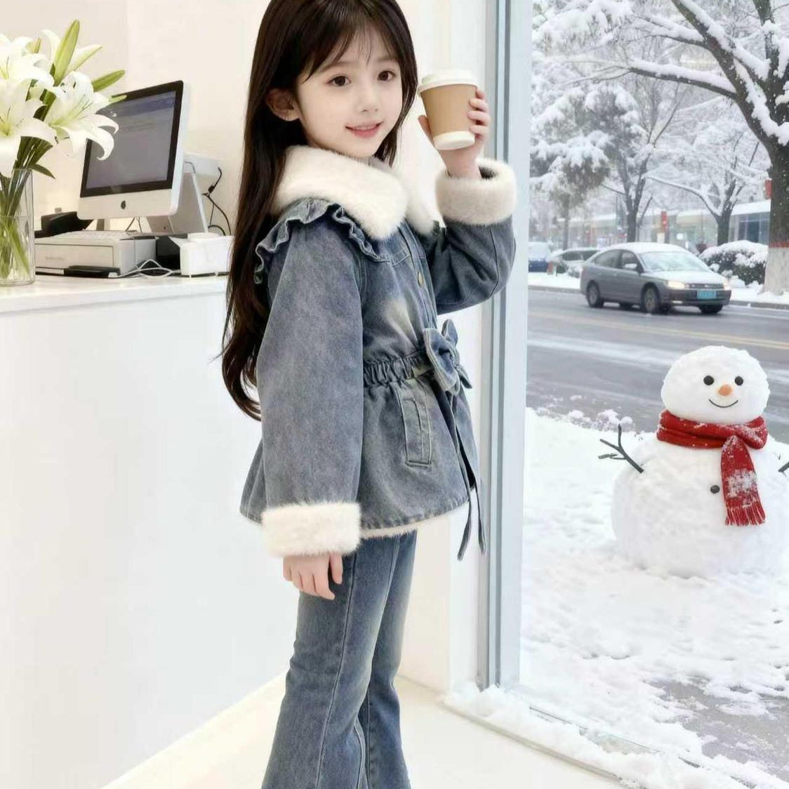 女童冬季洋气牛仔套装韩版蝴蝶结加绒加厚翻领牛仔上衣裤子两件套,淘宝优惠券,粉丝福利购,淘宝优惠卷