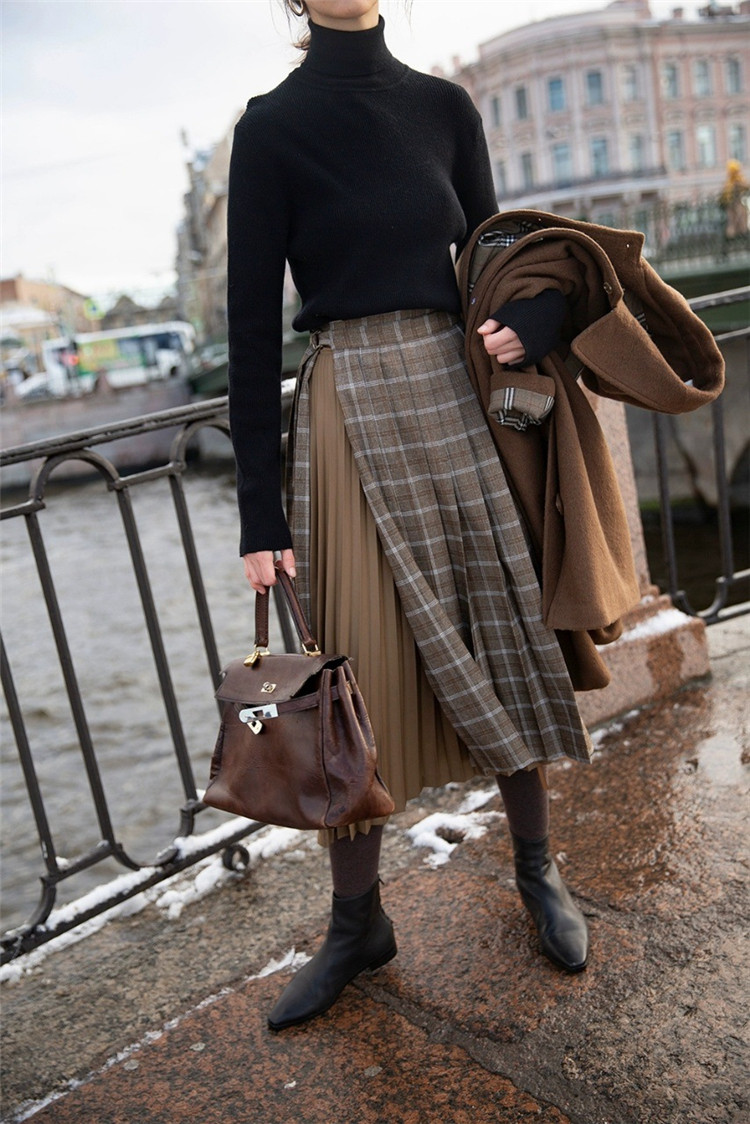 美式复古格子半身裙女秋冬英伦风奶茶格纹中长裙小众一片式百褶裙