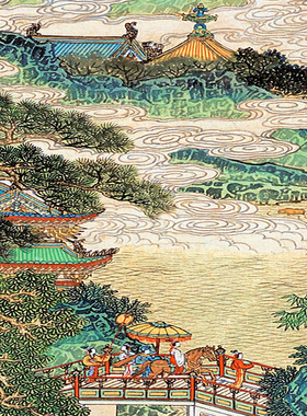 黄秋园丽人行图卷亭台楼阁界画青绿山水长卷高清微喷绢布画稿范画