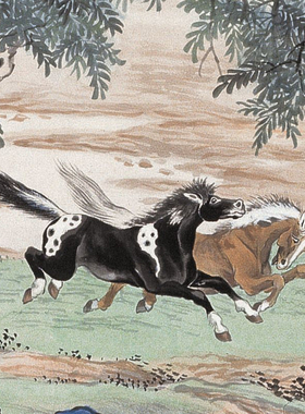 熊松泉春溪饮马微喷打印近现代动物画骏马图临摹绢布画稿传统走兽