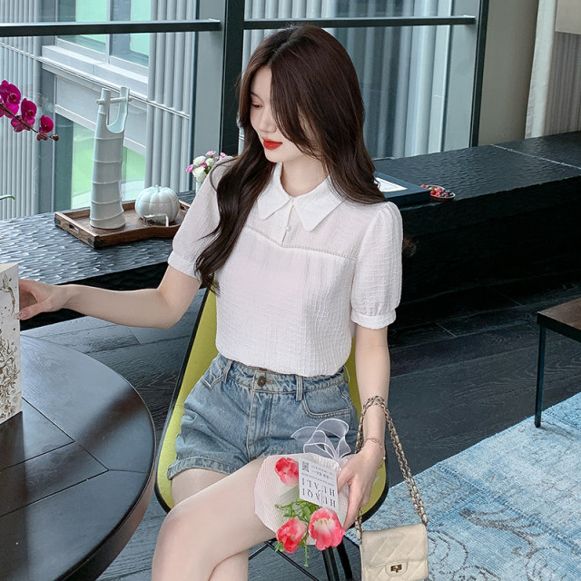 ເສື້ອຢືດ chiffon ແຂນສັ້ນແບບຝຣັ່ງແບບຮ້ອນສໍາລັບແມ່ຍິງ