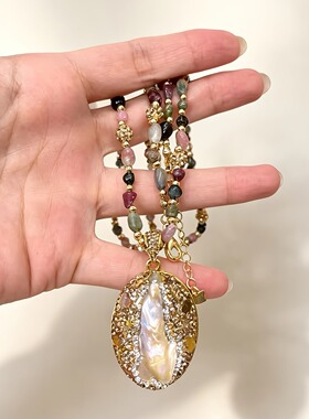 合金镶嵌天然异形贝壳毛衣链个性时尚