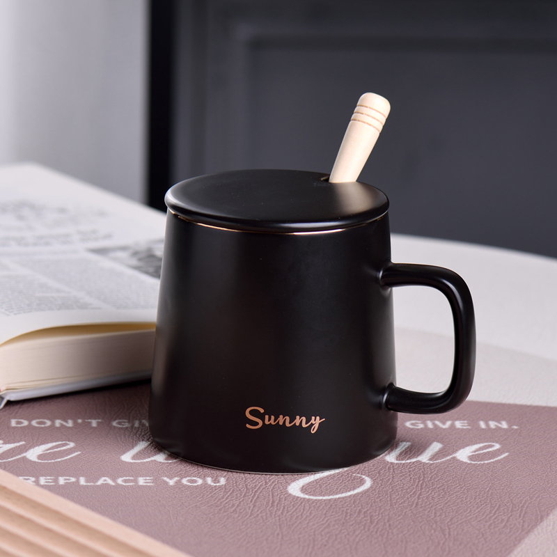 简约黑白陶瓷马克杯带盖勺450ml大容量创意咖啡杯情侣杯早餐杯 - 图1