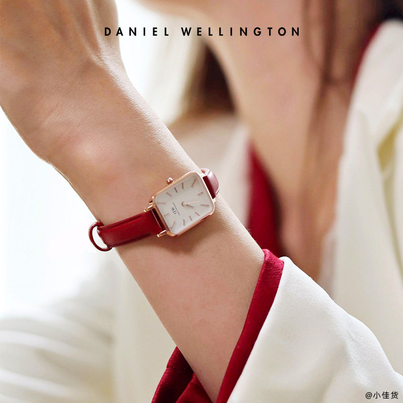 dw简约红色皮质石英女表女小方表 DanielWellington海外欧美腕表