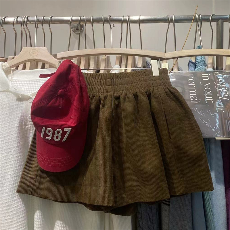 2025秋季灯芯绒纯色蓬蓬短裤休闲裤裤子女高腰A字裤欧货直筒女士 - 图0