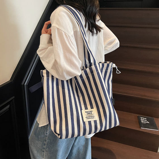 Striped canvas tote bag large capacity shoulder commuter bag