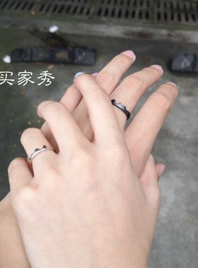 s925纯银情侣戒指男女学生简约山海二合为一黑白小众设计对戒刻字