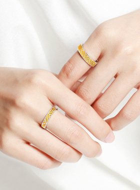 S925纯银情侣戒指女无名指一对男士轻奢小众设计金色开口对戒刻字