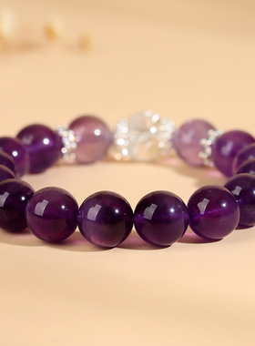 天然乌拉圭紫水晶白阿赛大颗粒圆珠手链时尚原创女士爆款手串