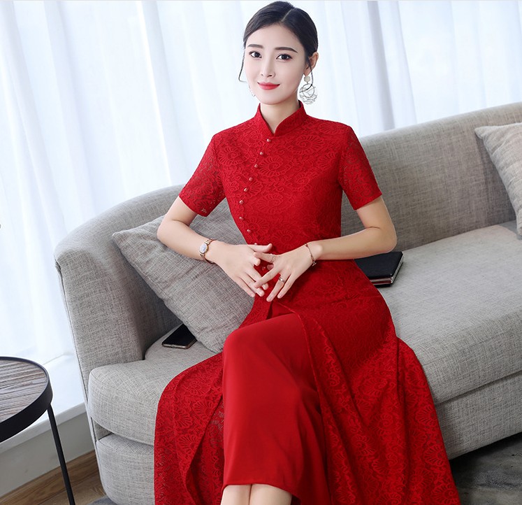 2024新款礼仪中国红女改良奥黛旗袍裙短袖红色长款蕾丝连衣裙年轻